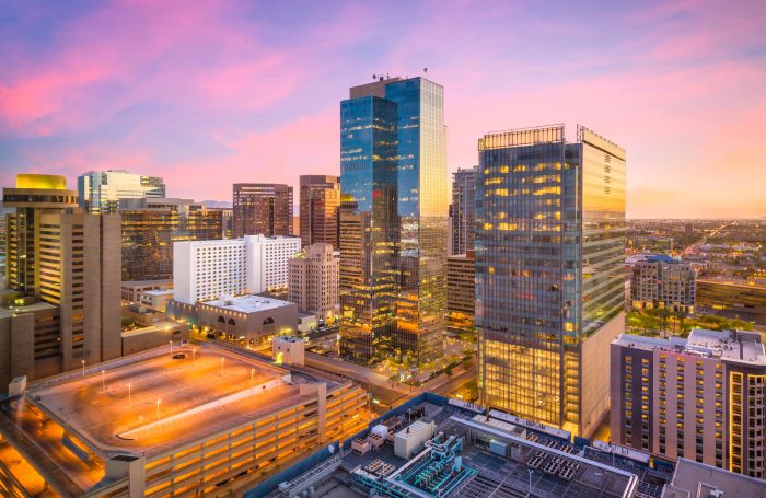 Beautiful sunset sky over downtown Phoenix, Arizona cityscape.