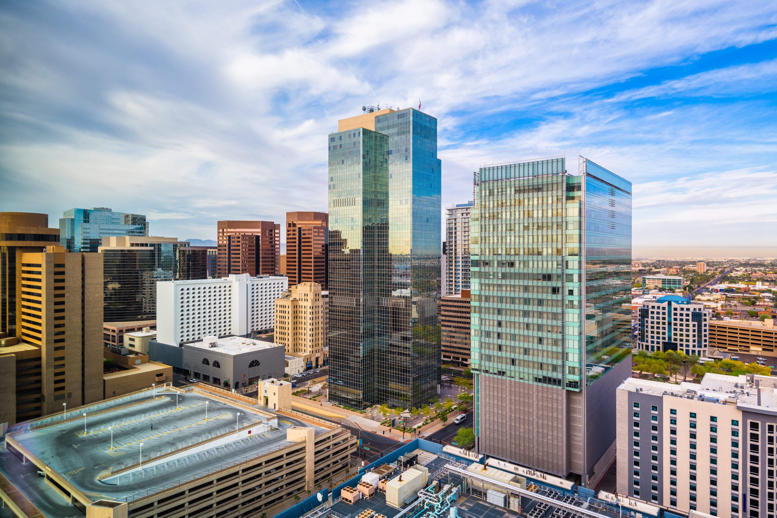 A view of the downtown Phoenix, AZ city skyscrapers.