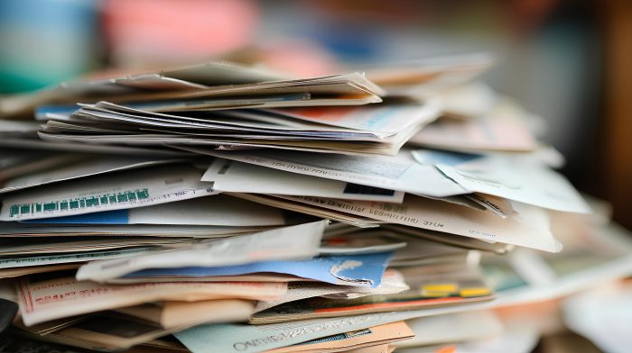 A pile of business mail sitting on a desk.